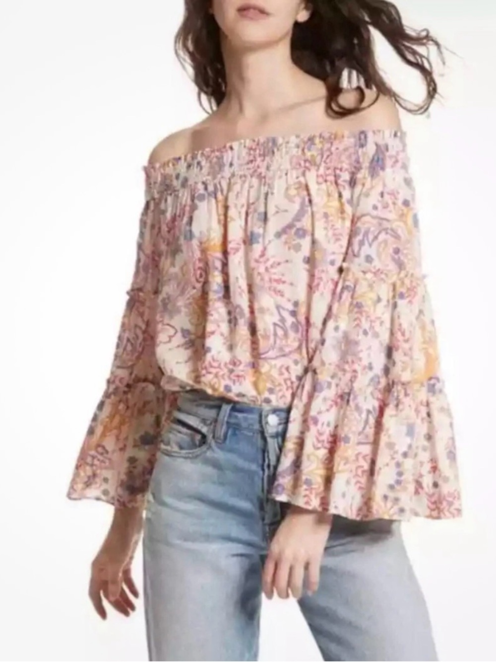 Free People Pastel Floral Off-Shoulder Blouse